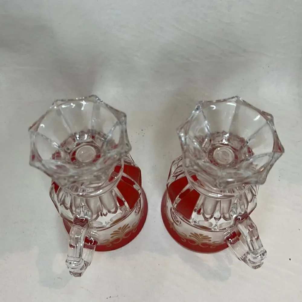 Bohemian Pressed Glass Mug 6 Oz 5 In Tall 2 3/4 In Round Red Gold Set Of 2